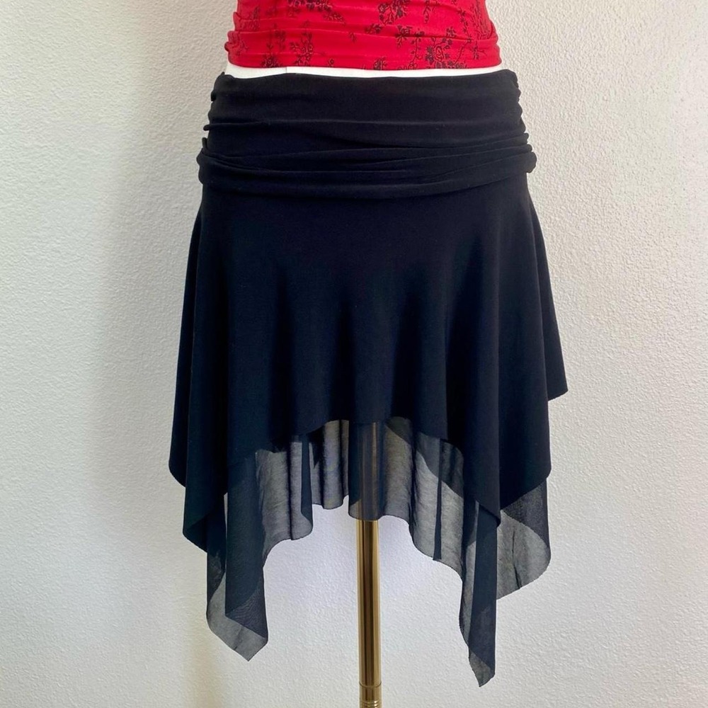Y2K Charlotte Russe Black Layered Hankerchief Hem Mesh Ruched Mini Skirt